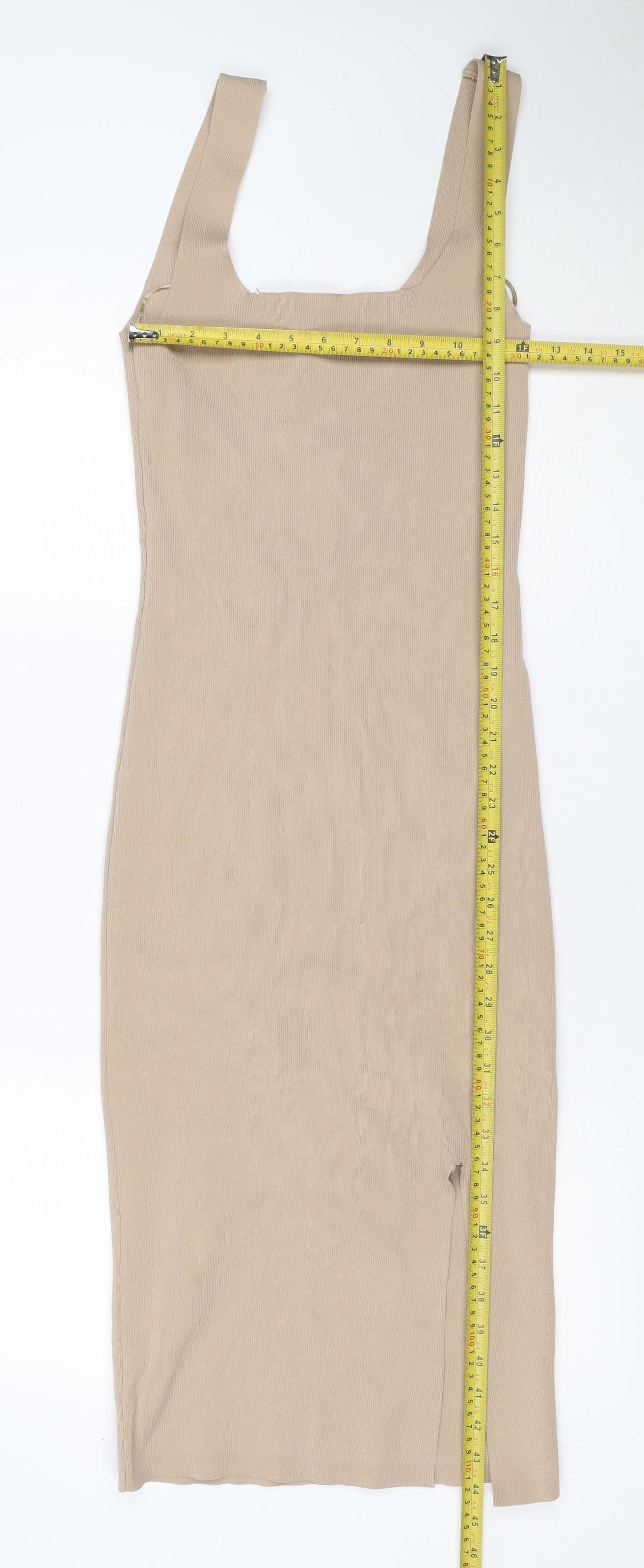Pimkie Women Beige M Rib Knit Bodycon Midi Strappy Sleeveless Dress