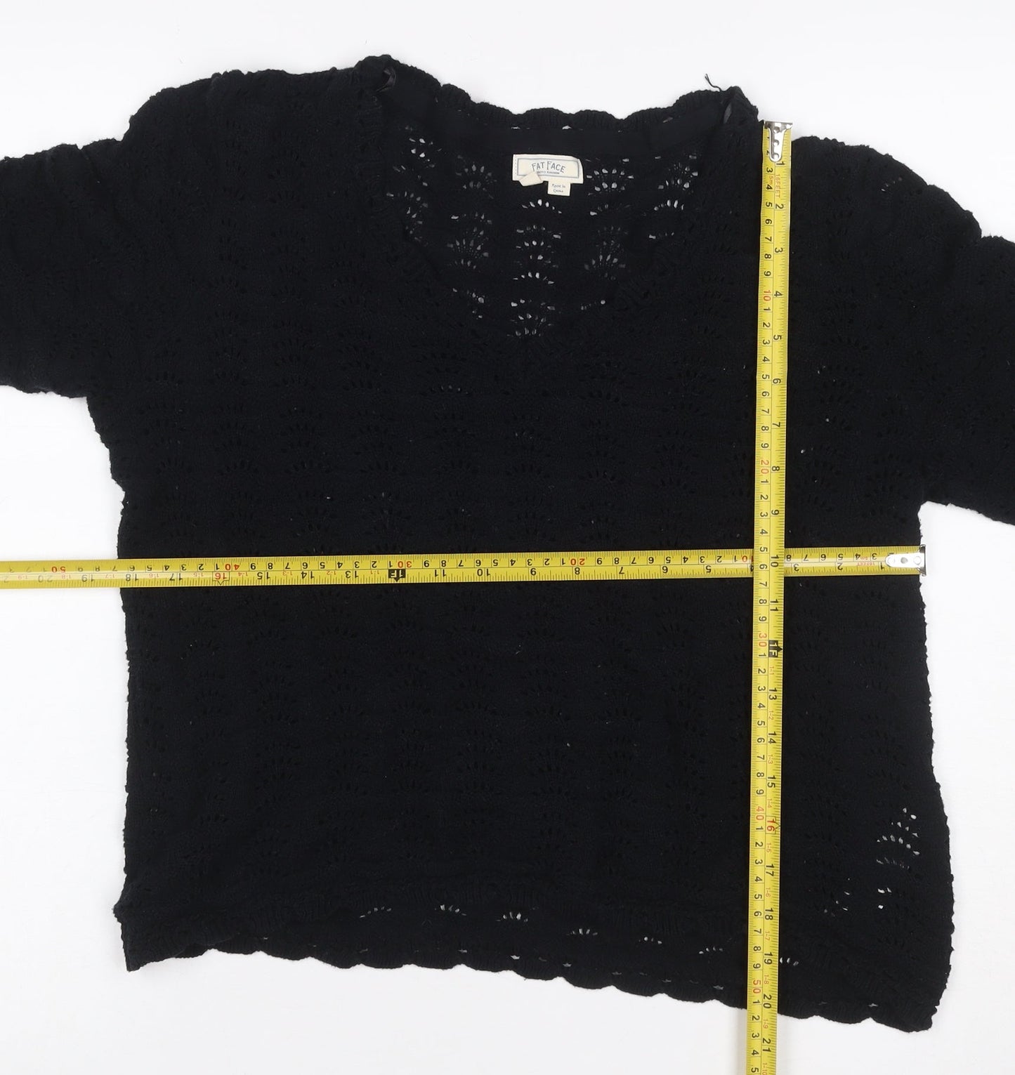 Fat Face Women’s Black UK 14 Cotton Open Knit Short Sleeve Cardigan