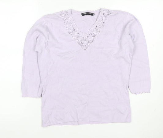 Debbie Morgan Women Purple M V-Neck Crochet Knit Jumper 3/4 Sleeve