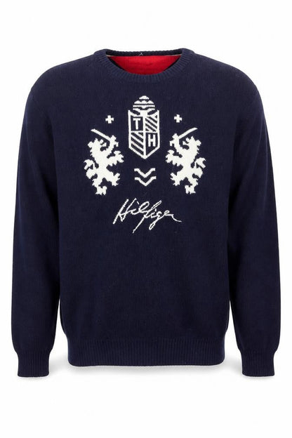 Tommy Hilfiger Men's XL Blue Lambswool Crew Neck Graphic Logo Jumper