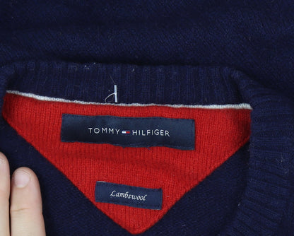 Tommy Hilfiger Men's XL Blue Lambswool Crew Neck Graphic Logo Jumper