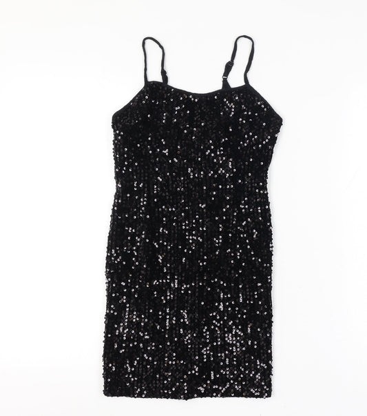 Additional front view of Urban Renewal Women, size 8, Black Sequin Bodycon Knee Dress Adjustable Straps