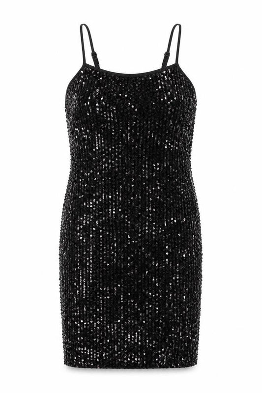 Front view of Urban Renewal Women, size 8, Black Sequin Bodycon Knee Dress Adjustable Straps