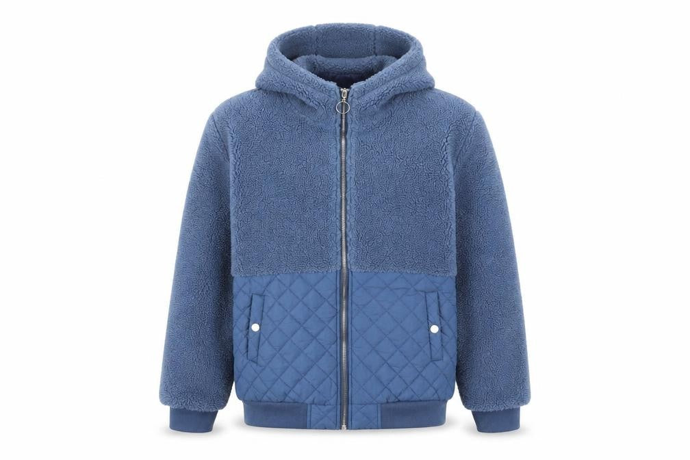 Front view of Moolbyoungzari unisex, size L, blue hooded teddy quilted puffer jacket