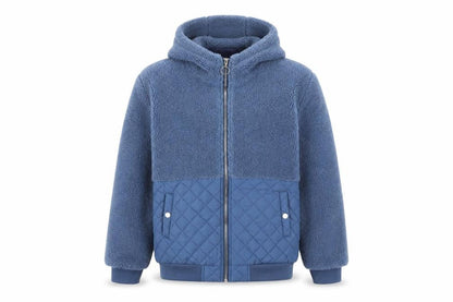 Front view of Moolbyoungzari unisex, size L, blue hooded teddy quilted puffer jacket