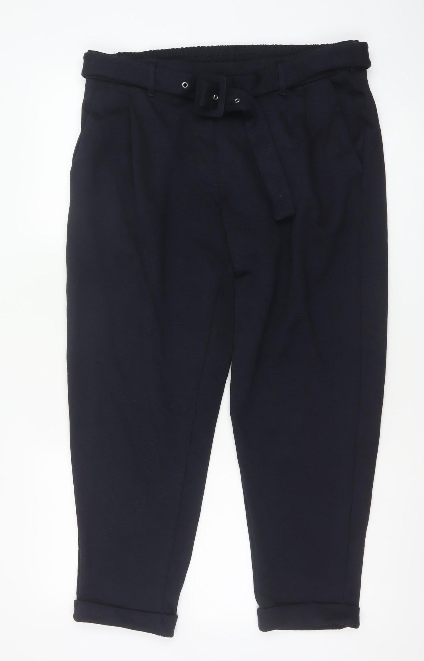 M&S Women Navy UK 16 Short Belted Tapered Pleated Trousers