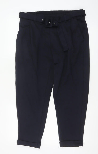 M&S Women Navy UK 16 Short Belted Tapered Pleated Trousers