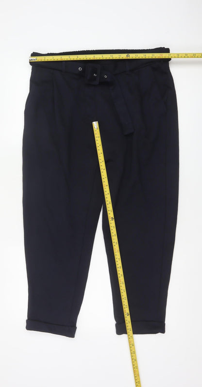 M&S Women Navy UK 16 Short Belted Tapered Pleated Trousers
