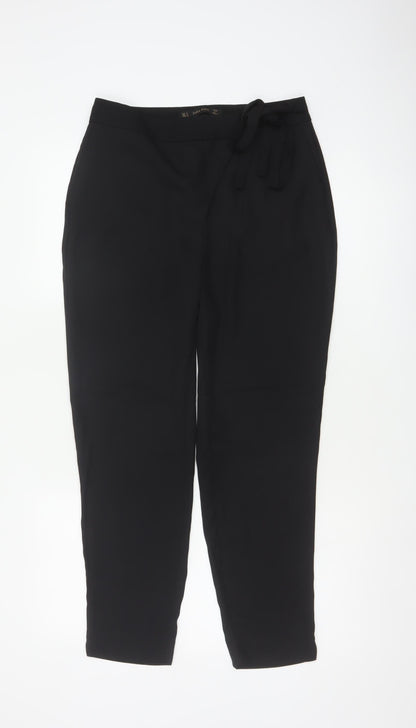 Zara Basic Women Black S High Rise Tapered Tie Belt Trousers