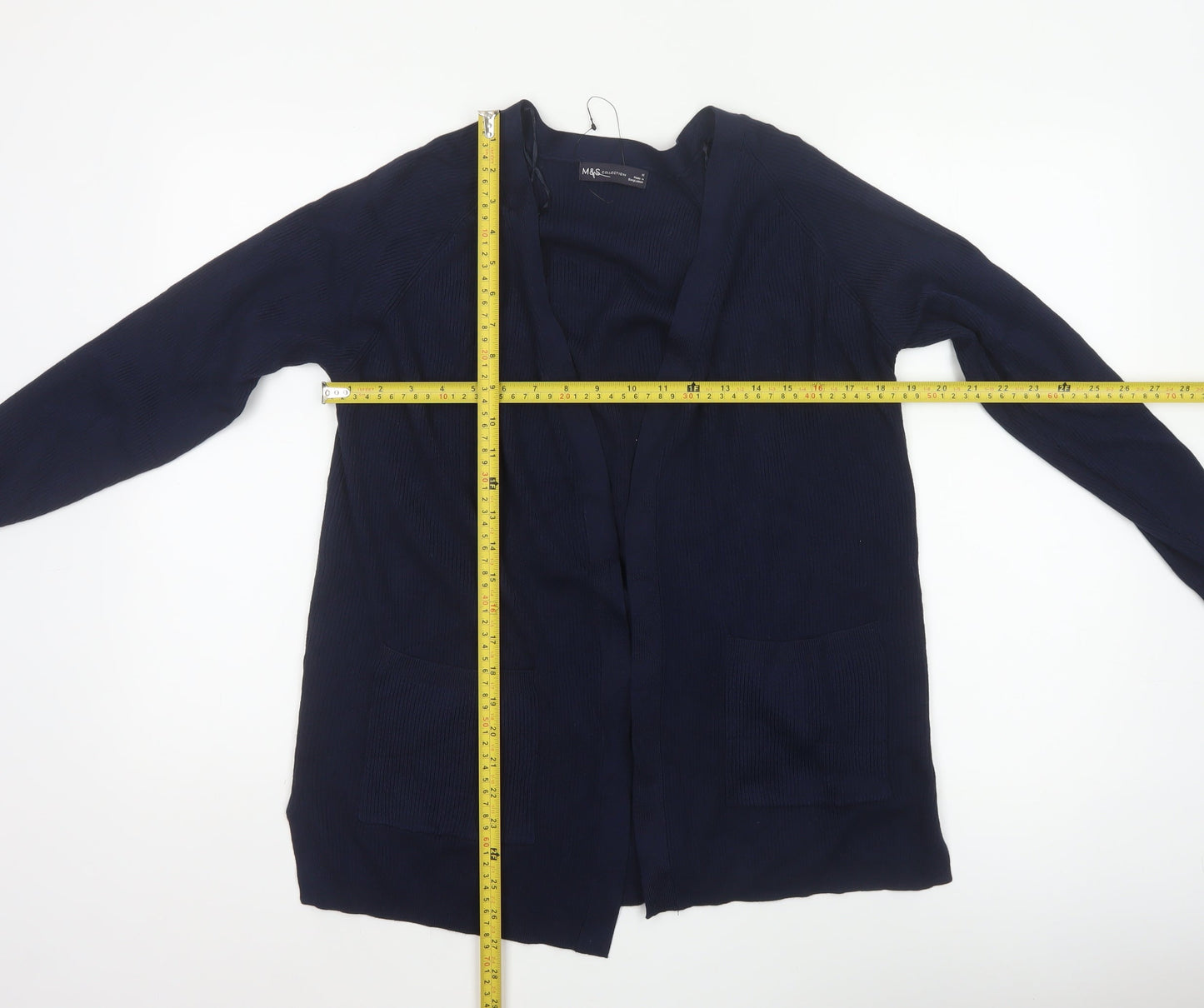 Marks and Spencer Women Blue M Open Knit V-Neck Pocket Cardigan