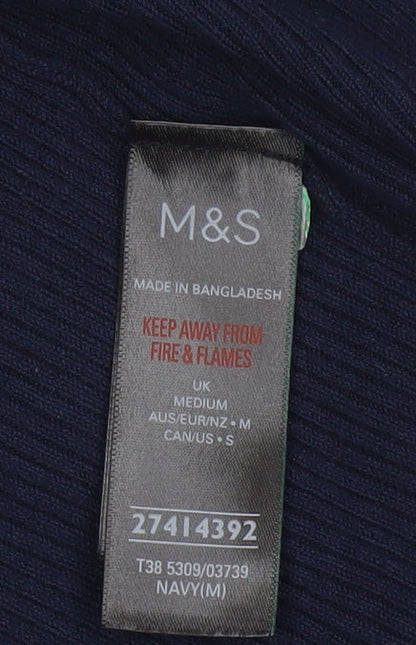 Marks and Spencer Women Blue M Open Knit V-Neck Pocket Cardigan