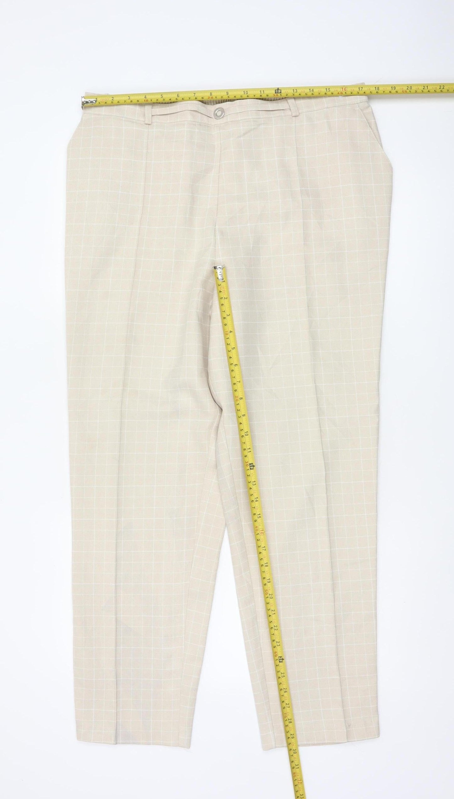 Marks & Spencer Women Beige Check Tapered Trousers UK 20 Elastic Waist