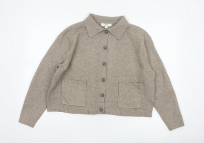 Marks and Spencer Women Beige L Collared Button Knit Cardigan Pockets