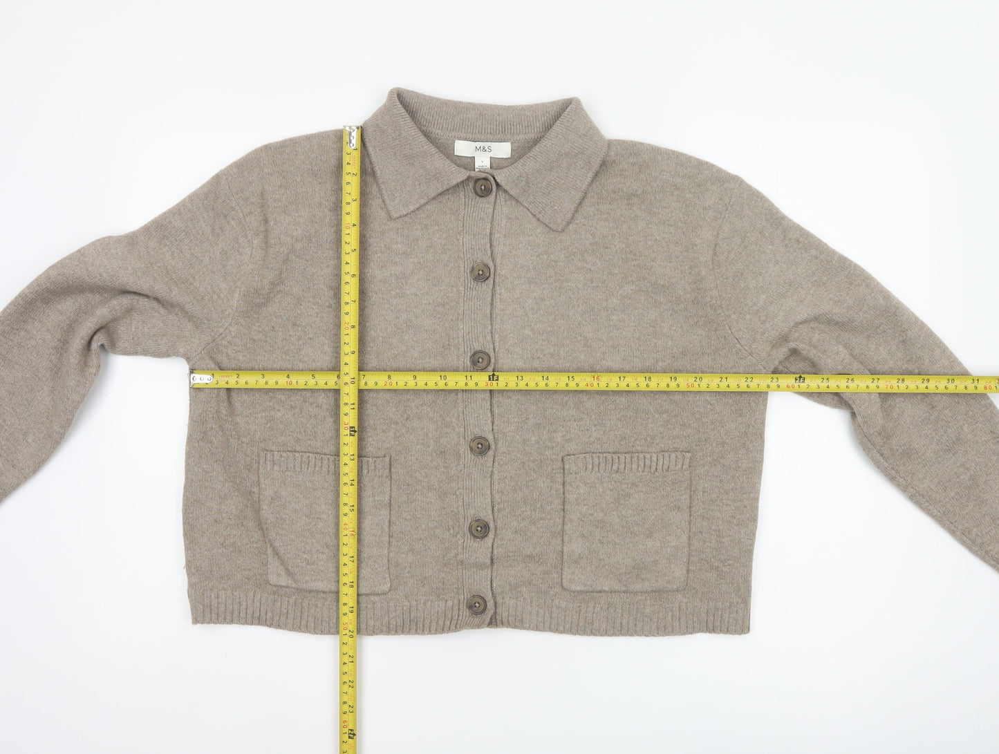 Marks and Spencer Women Beige L Collared Button Knit Cardigan Pockets