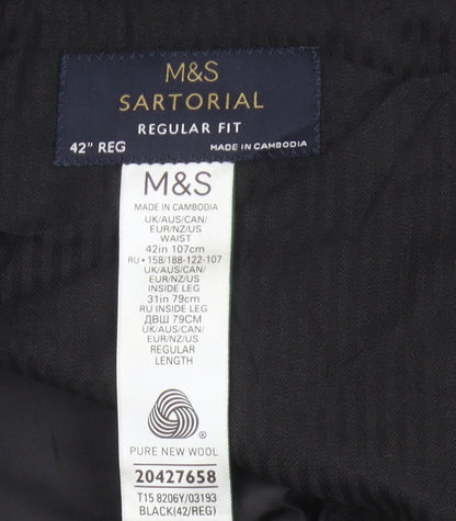 Marks and Spencer Men Black 42 Regular Wool Dress Trousers Side Adjusters