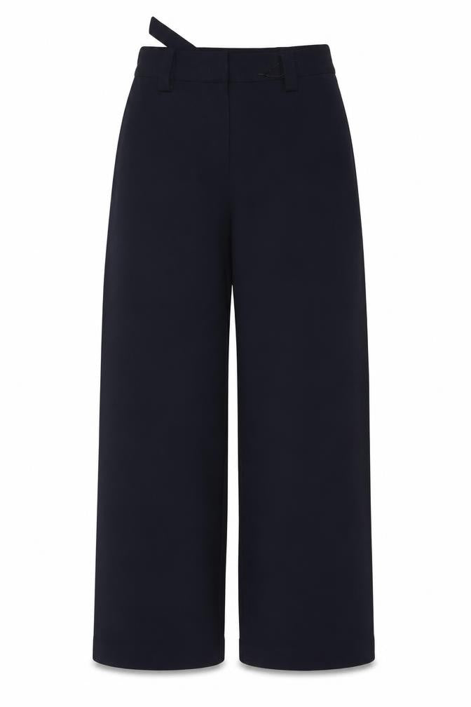 M&S Women Blue UK 12 Long Wide-Leg Belted Tailored Trousers