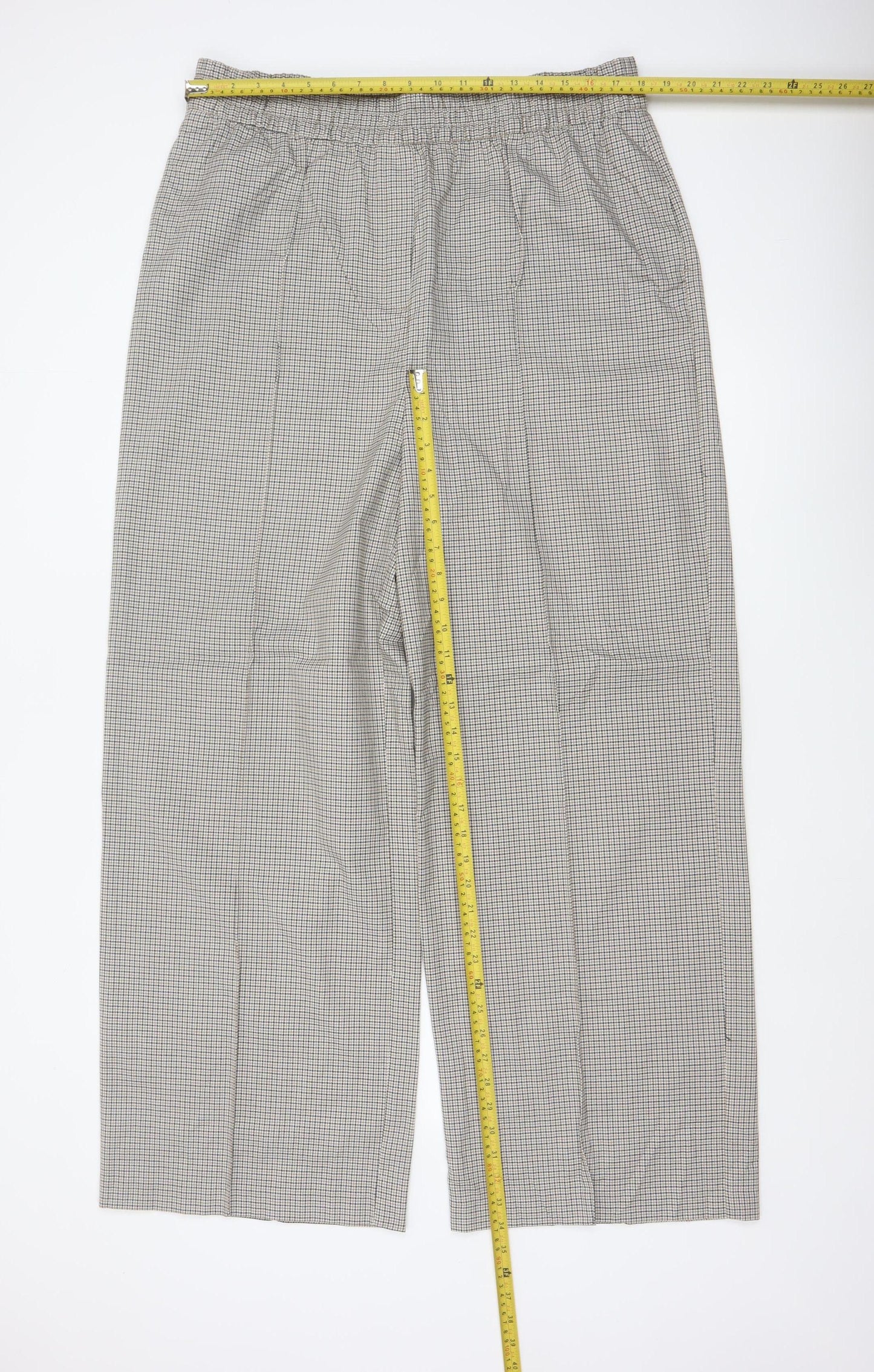 M&S Women Beige Check Wide Leg Elastic Waist Trousers UK 18 Long
