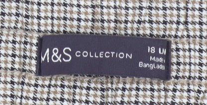 M&S Women Beige Check Wide Leg Elastic Waist Trousers UK 18 Long