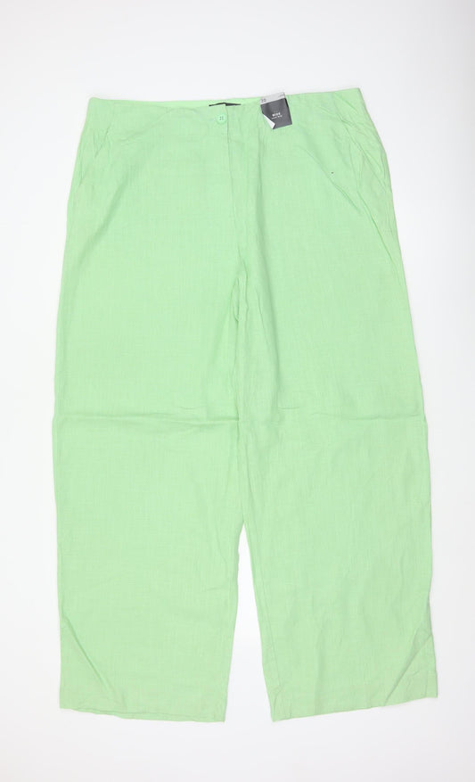 M&S Women Green UK 20 High Rise Wide Leg Linen Blend Trousers