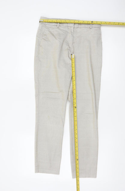 H&M Women Beige Check Slim Tapered Cotton Blend Trousers UK 10