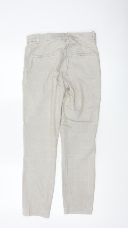 H&M Women Beige Check Slim Tapered Cotton Blend Trousers UK 10