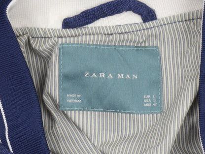 Zara Men Blue Linen Cotton Bomber Jacket Size L Full Zip