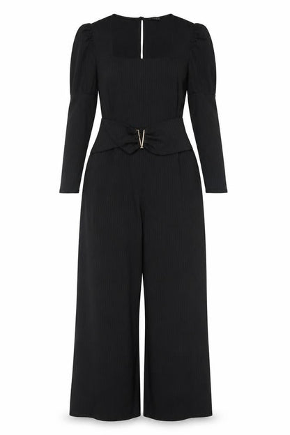 Quiz Women Black UK 18 Ribbed Wide-Leg Belted Keyhole Jumpsuit
