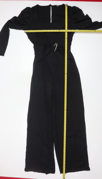 Quiz Women Black UK 18 Ribbed Wide-Leg Belted Keyhole Jumpsuit