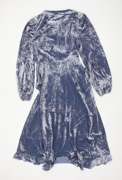 Per Una Women Blue UK 10 Velvet Midi Wrap Dress V-Neck Belted