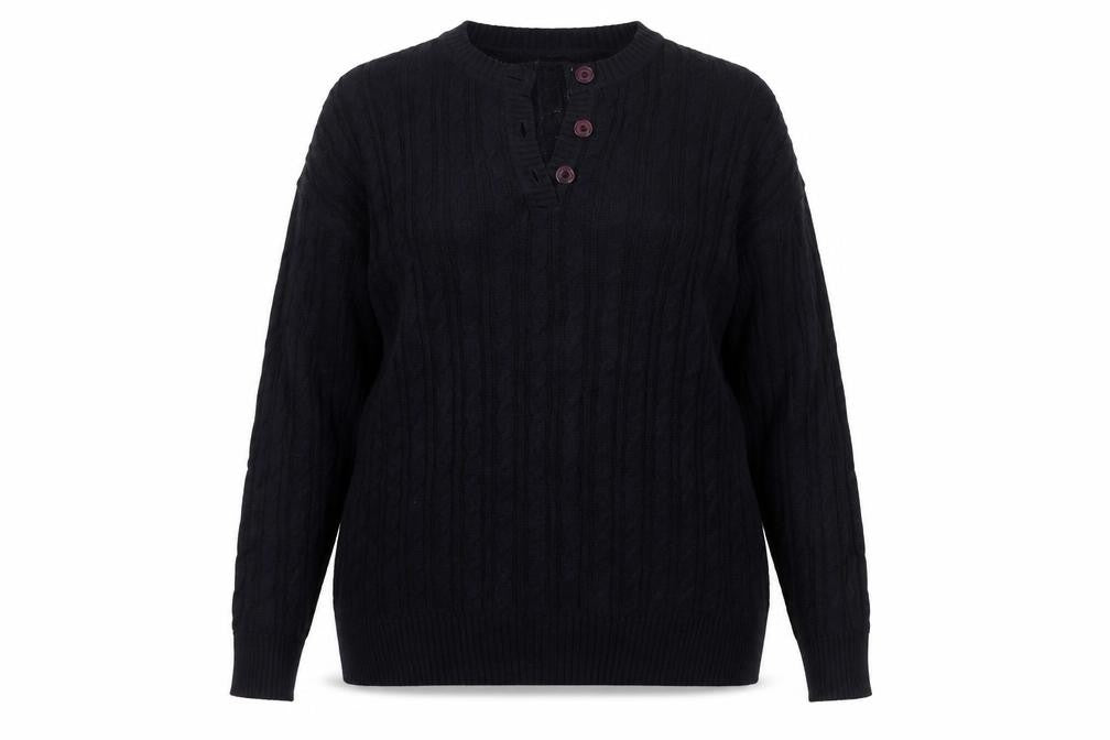 Jaeger Women’s Black Size 20 Cable-Knit Henley Cotton Blend Jumper