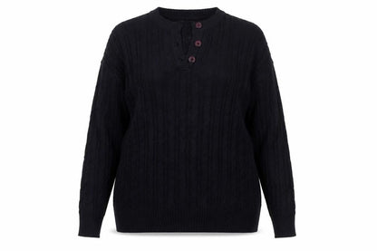Jaeger Women’s Black Size 20 Cable-Knit Henley Cotton Blend Jumper