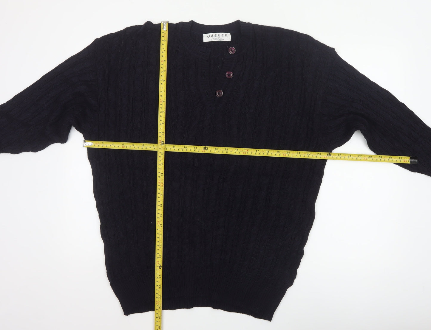 Jaeger Women’s Black Size 20 Cable-Knit Henley Cotton Blend Jumper