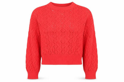 Front view of French Connection Women Orange L Open-Knit Cotton Crew Neck Pullover