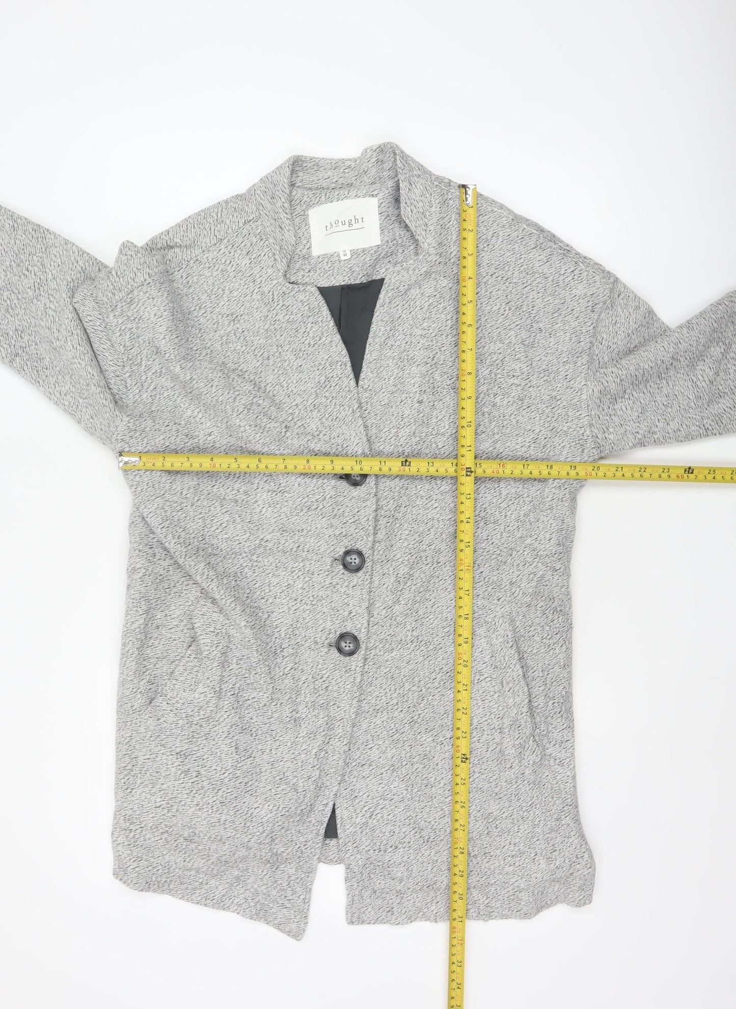 Thought Women’s Grey UK 12 Cotton Long Overcoat Button Lined Pockets