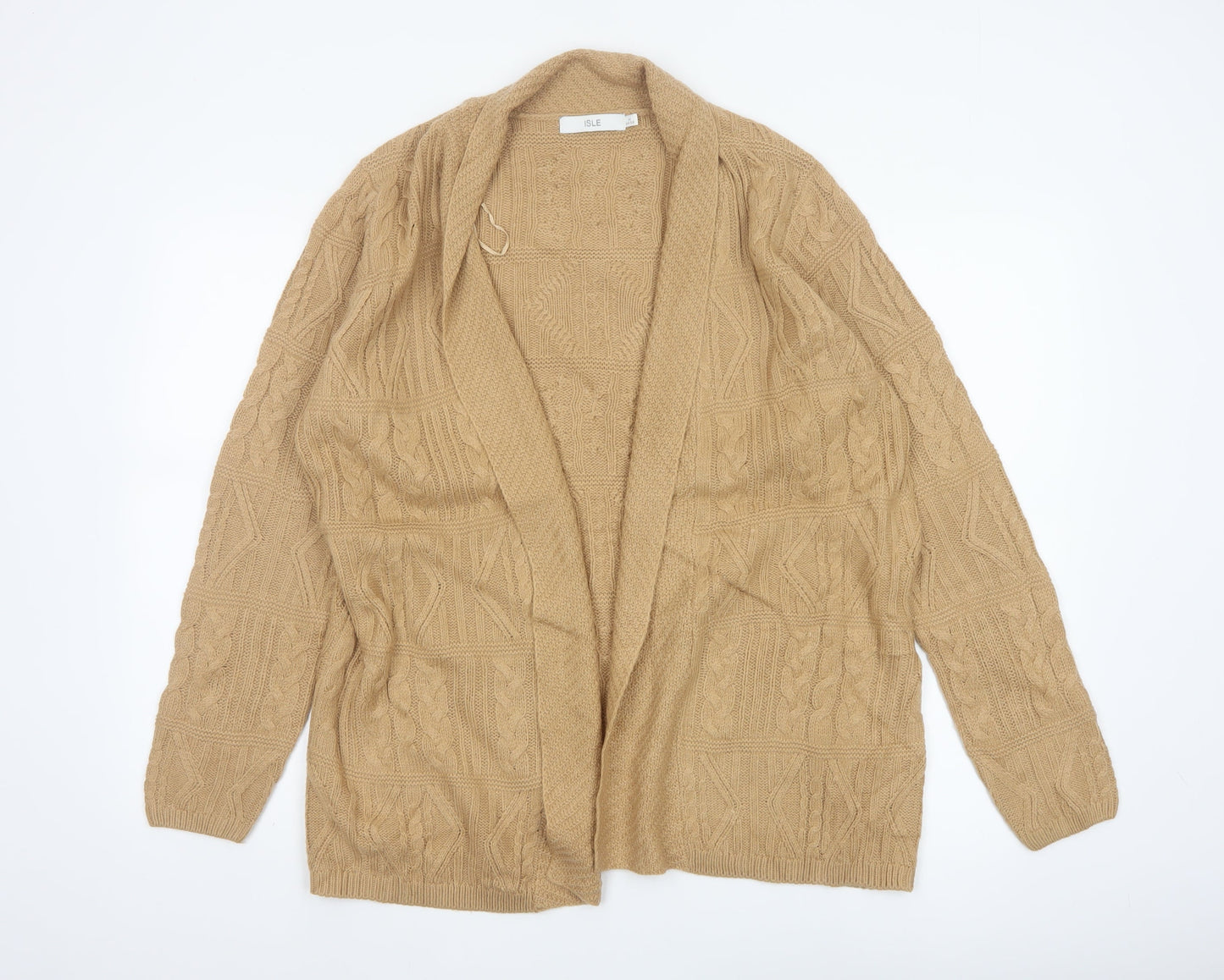 Isle Women’s Beige Cable Knit Open Cardigan Size 14-16 Long Sleeve