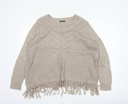 Roman Women's Beige Size 14 Fringe Chunky Knit Round Neck Jumper