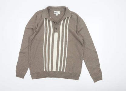 Marks and Spencer Men Brown L Cotton Striped Collared Henley Jumper