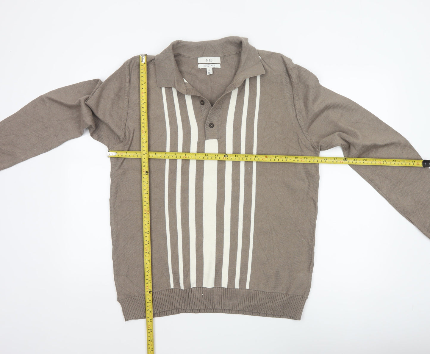 Marks and Spencer Men Brown L Cotton Striped Collared Henley Jumper