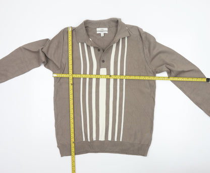 Marks and Spencer Men Brown L Cotton Striped Collared Henley Jumper