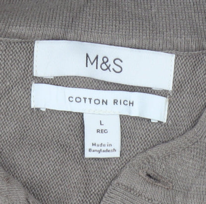 Marks and Spencer Men Brown L Cotton Striped Collared Henley Jumper