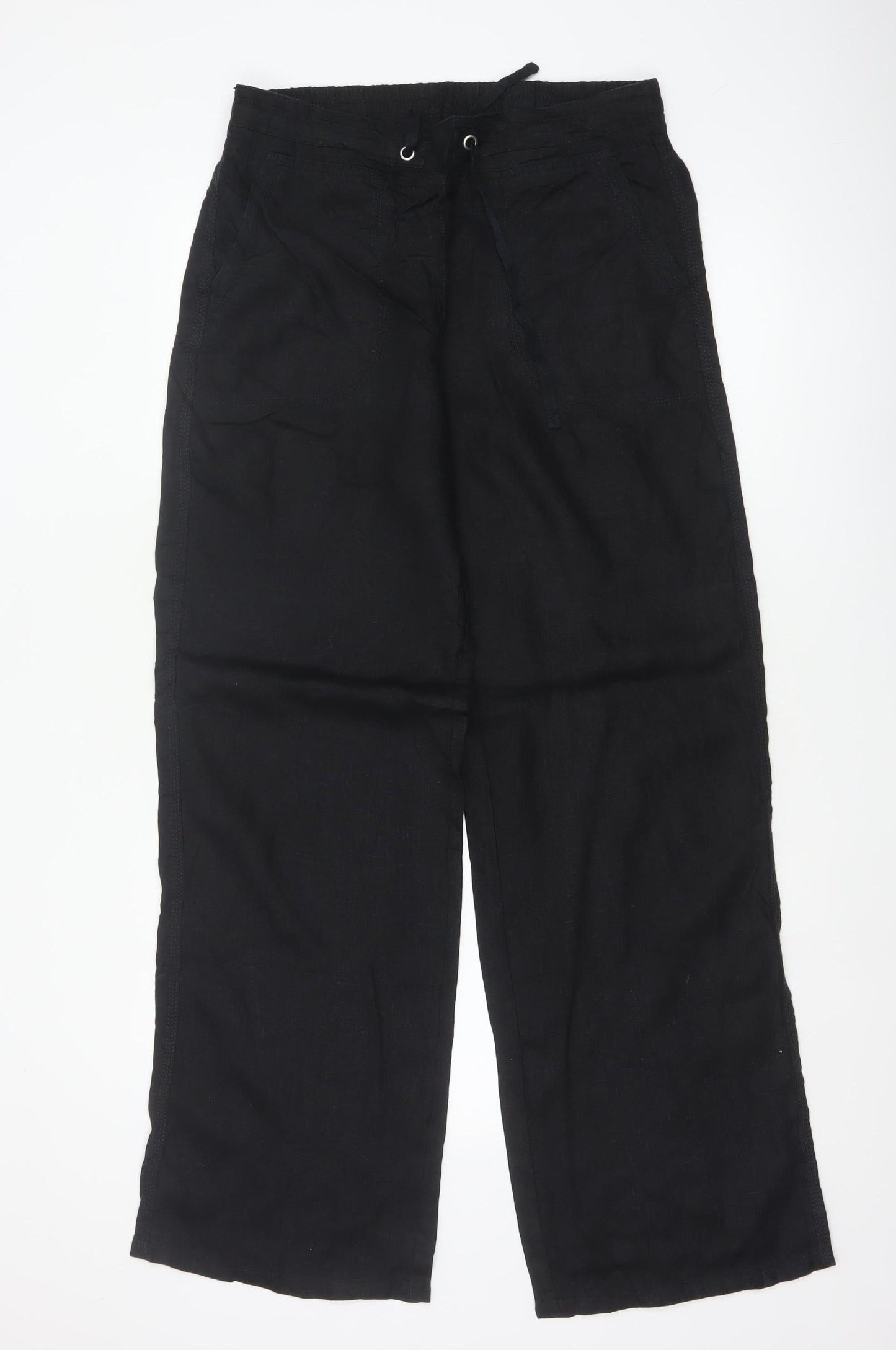 M&S Women Black UK 12 Linen Wide Leg Drawstring Trousers