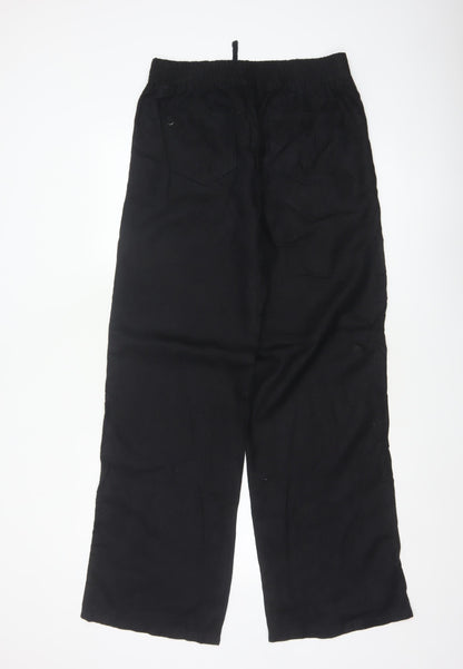 M&S Women Black UK 12 Linen Wide Leg Drawstring Trousers