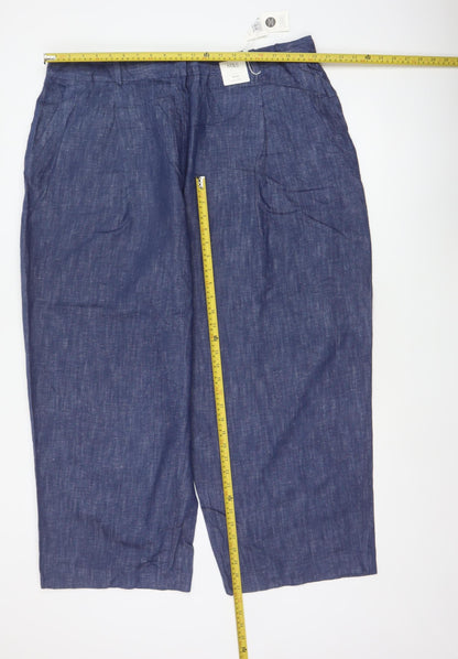 Marks & Spencer Women Blue Size 22 Short Wide Leg Linen Blend Trousers