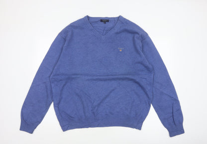 GANT Men’s Blue XL V-Neck Cotton Logo Pullover Jumper Classic Knit