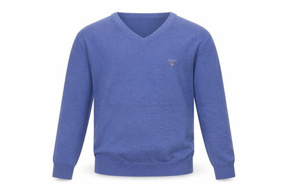 GANT Men’s Blue XL V-Neck Cotton Logo Pullover Jumper Classic Knit