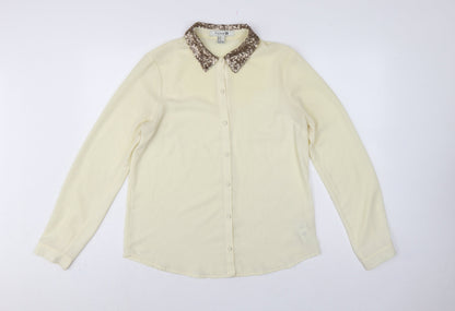 Forever 21 Women Ivory M Sequin Collar Long Sleeve Button-Up Blouse