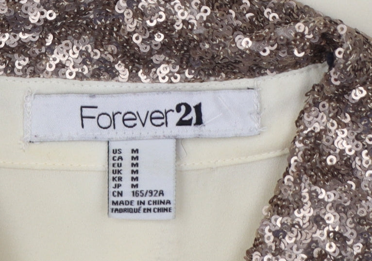 Forever 21 Women Ivory M Sequin Collar Long Sleeve Button-Up Blouse