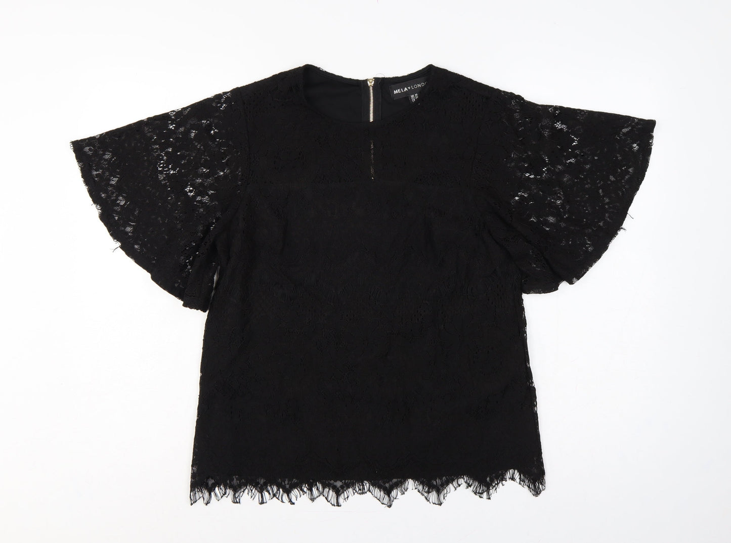 Mela London Women Black UK 10 Lace Flutter Sleeve Zip Blouse