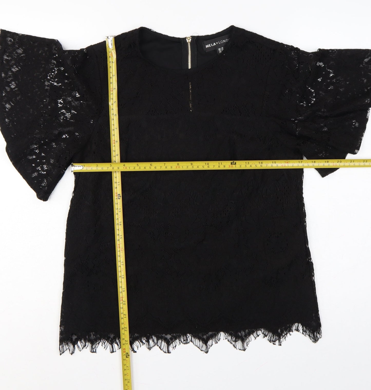 Mela London Women Black UK 10 Lace Flutter Sleeve Zip Blouse