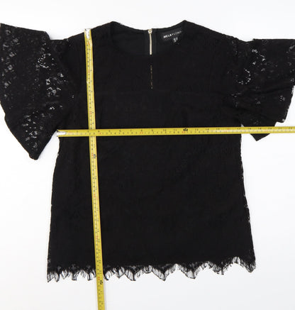 Mela London Women Black UK 10 Lace Flutter Sleeve Zip Blouse